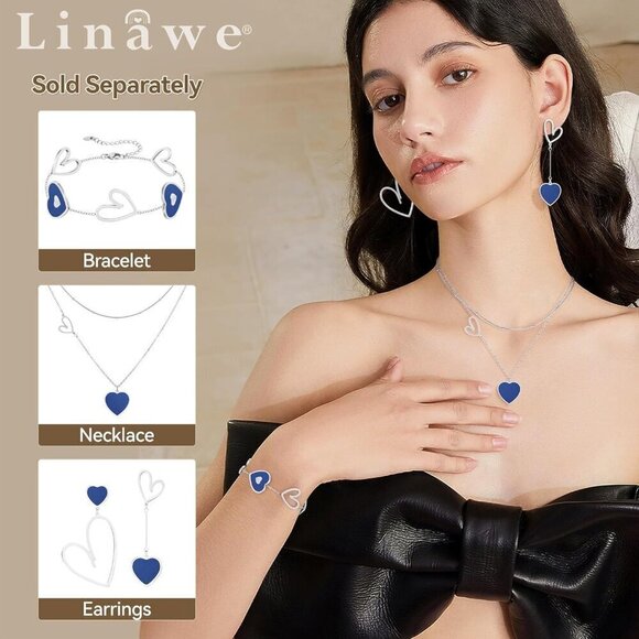 Women Silver Blue Linawe Stainless Steel Asymmetrical Heart Dangle Drop Earrings - Picture 5 of 7